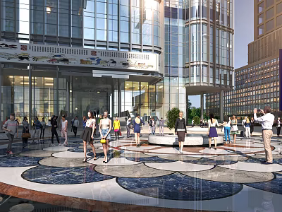 Bustling Modern Commercial Street With Glass Facade Buildings Pedestrians Green Plants And Circular Design 3d model