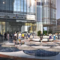 Bustling Modern Commercial Street With Glass Facade Buildings Pedestrians Green Plants And Circular Design