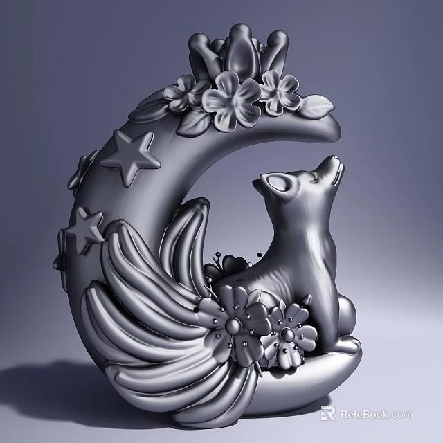 Detailed Crescent Moon Carving with Fox Stars and Decorative Flowers Design 3d model 
