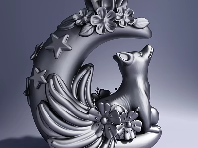 Detailed Crescent Moon Carving with Fox Stars and Decorative Flowers Design 3d model