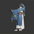 Woman in Blue Traditional Outfit With Yellow Accents and Blue Hair Posing Against Gray Background