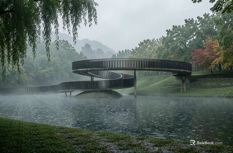 Spiral Landscape Bridge Over Calm Water With Misty Trees And Green Grass 3d model 