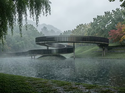 Spiral Landscape Bridge Over Calm Water With Misty Trees And Green Grass 3d model