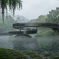 Spiral Landscape Bridge Over Calm Water With Misty Trees And Green Grass