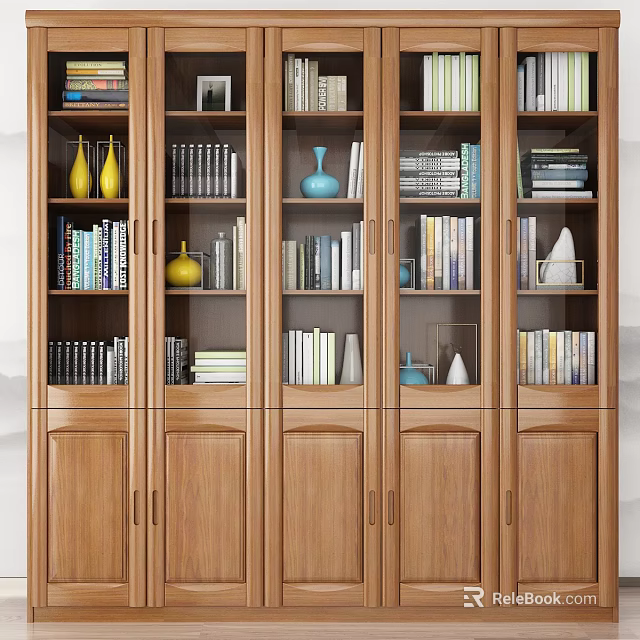 Traditional Wooden Bookcase With Stacked Books And Decorative Vases In Yellow Blue White 3d model 