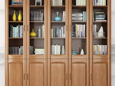 Traditional Wooden Bookcase With Stacked Books And Decorative Vases In Yellow Blue White 3d model