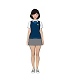 Woman In School Uniform Blue Vest Gray Pleated Skirt White Shoes Front Side Back Views