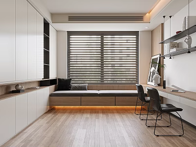 Modern Study Room Interior With White Cabinets Window Seat Desk Chairs And Blinds 3d model