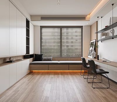 Modern Study Room Interior With White Cabinets Window Seat Desk Chairs And Blinds 3d model