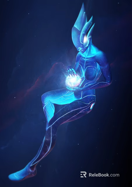 Glowing Blue Alien Character Holding Radiant Orb In Dark Cosmic Space Background 3d model 