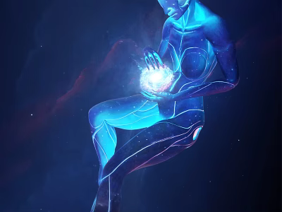 Glowing Blue Alien Character Holding Radiant Orb In Dark Cosmic Space Background 3d model