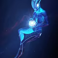 Glowing Blue Alien Character Holding Radiant Orb In Dark Cosmic Space Background