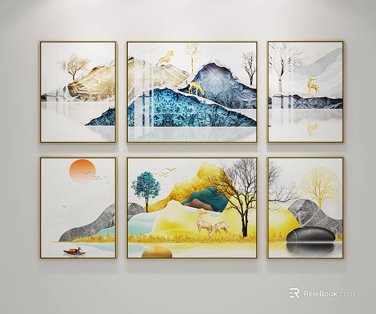 Modern Decorative Wall Art with Mountain Landscape Deer Trees Sun and Boat 3d model 