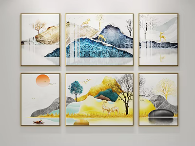 Modern Decorative Wall Art with Mountain Landscape Deer Trees Sun and Boat 3d model