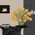 Glass Vase With Yellow Orange Red Tulips On Marble Tabletop With Swan Painting And Books