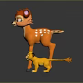Cute Cartoon Orange Deer With White Spots And Yellow Baby Lion Together