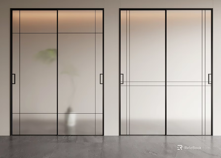 Modern Sliding Doors With Glass Panels And Black Frames In Interior Space 3d model
