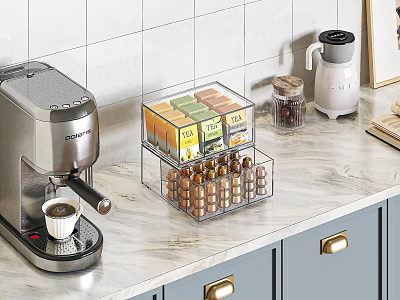 Organized Kitchen Countertop With Coffee Machine Spice Organizer Grinder And Marble Surface 3d model