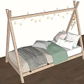 Cozy Single Bed With Wooden Frame String Lights White Pillows And Gray Light Green Blankets
