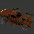 Red Modified Car With Mounted Guns Solar Panel Roof And Metal Armor Parts