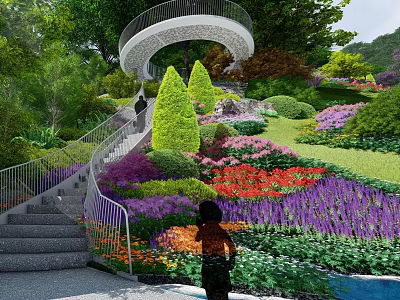 Spiral Pathway With Staircase And Landscaped Gardens Featuring Colorful Flowers And Greenery 3d model