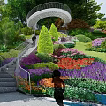 Spiral Pathway With Staircase And Landscaped Gardens Featuring Colorful Flowers And Greenery
