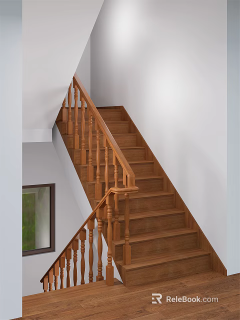 Classic Wooden Staircase Interior with Handrail Steps and White Walls Design 3d model 