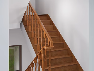 Classic Wooden Staircase Interior with Handrail Steps and White Walls Design 3d model