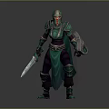 Man In Armored Warrior Gear Holding Sword And Shield Standing Confidently