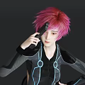Woman With Pink Hair In Black Bodysuit Blue Lines Holding Microphone Hand On Hip