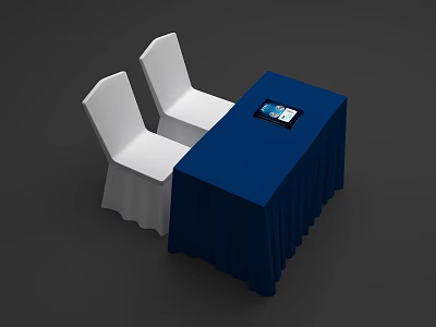 Reception Desk Covered With Dark Blue Tablecloth And Tablet With Two White Chairs 3d model