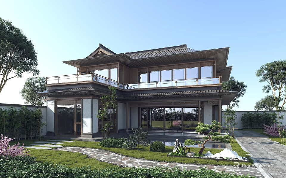 Traditional Modern Detached Villa with Courtyard Garden Greenery Stone Path Pond and Rockery 3d model 