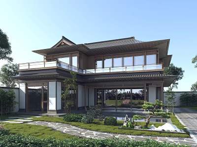 Traditional Modern Detached Villa with Courtyard Garden Greenery Stone Path Pond and Rockery 3d model