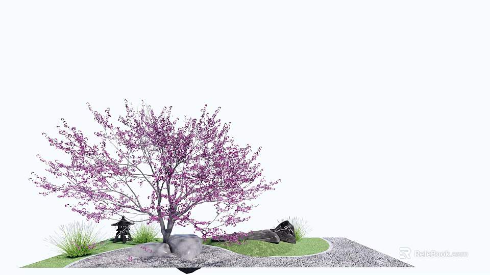Tree With Purple Blossoms And Small Pavilion Rocks Grass Gravel Path 3d model 