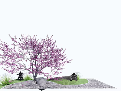 Tree With Purple Blossoms And Small Pavilion Rocks Grass Gravel Path 3d model