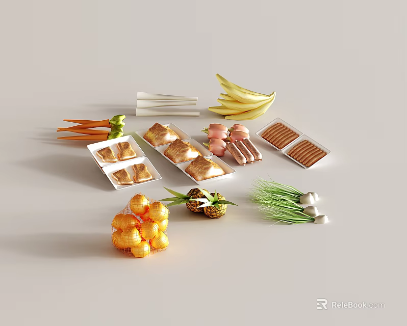 Assorted Fresh Vegetables Including Carrots Onions Green Onions And Garlic Arranged On White Surface 3d model 