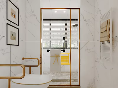 Elegant Modern Bathroom Interior With Marble Walls Glass Shower And Gold Fixtures 3d model