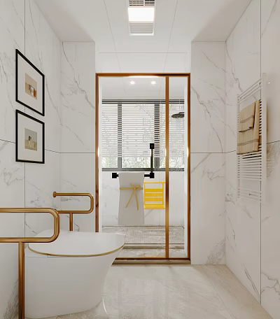 Elegant Modern Bathroom Interior With Marble Walls Glass Shower And Gold Fixtures 3d model