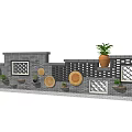 Grey Brick Garden Feature Wall With Windows Circular Decorations And Potted Plants 3d model