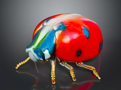 Colorful Glass Ladybug Sculpture With Red Body Blue Head And Golden Legs 3d model
