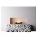 Modern Fireplace Interior With Textured Stone Base Burning Flames And White Wall 3d model