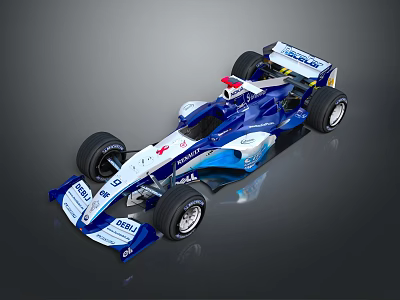 Blue And White Formula One Race Car With Streamlined Design And Sponsor Logos 3d model
