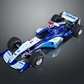 Blue And White Formula One Race Car With Streamlined Design And Sponsor Logos