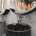 Modern Double Washbasins With Round Mirrors And Mosaic Surface On Marble Wall