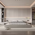 Modern Minimalist Bedroom Interior Design With Striped Headboard Wall White Bed Nightstands And Recessed Lighting