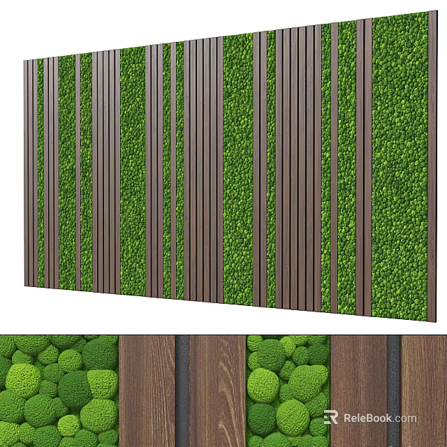 Indoor Decorative Green Plant Wall With Wooden Strips And Lush Round Bushes 3d model 