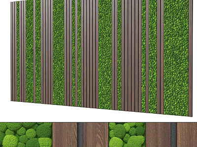 Indoor Decorative Green Plant Wall With Wooden Strips And Lush Round Bushes 3d model
