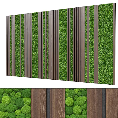 Indoor Decorative Green Plant Wall With Wooden Strips And Lush Round Bushes 3d model