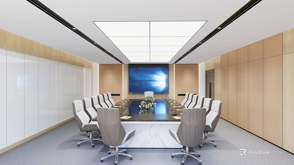 Modern Conference Room Interior With Long Marble Table Comfortable Chairs And Large Screen 3d model