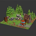 Cartoon Scene with Wooden Cabin Green Pine Trees Red Car Stones Fence and Flowers